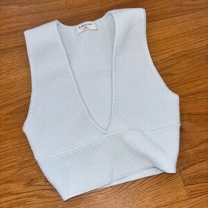 Babaton Pale Blue Ribbed V-Neck Cropped Knit Top